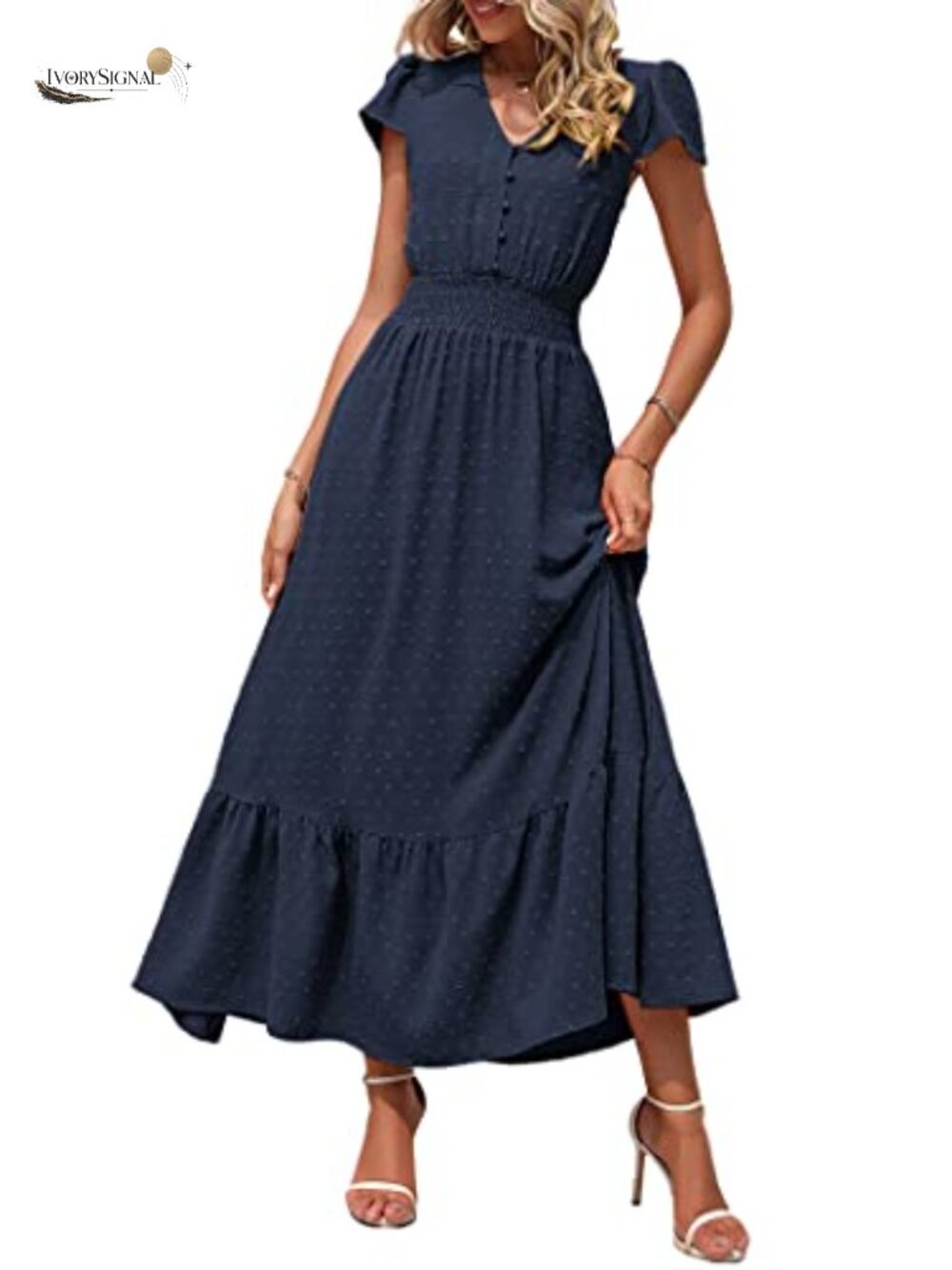 Womens Swiss Dot Maxi Dress Cap Sleeve V Neck Smocked Waist Flowy Beach